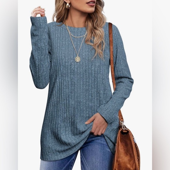 Tops - Blue Ribbed Long Sleeve Tunic Top Crew Neck Casual Sweater.